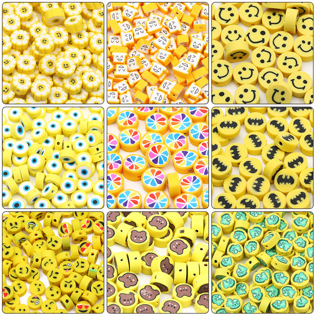 Yellow Clay Beads 20pcs Dinosaur Mushroom Bear Smiling Eye Pattern
